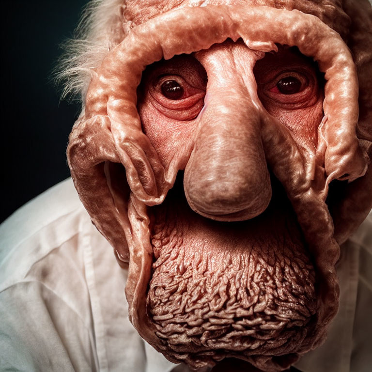 Detailed hyperrealistic elderly mask with deep wrinkles and red eyes on dark background