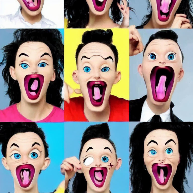 Colorful Cartoonish Faces with Exaggerated Expressions on Nine Panels