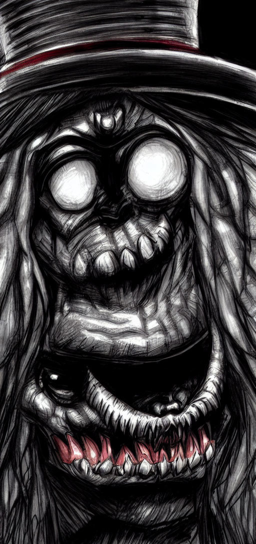 Monochromatic drawing of a grinning creature with multiple mouths and sharp teeth in a top hat.