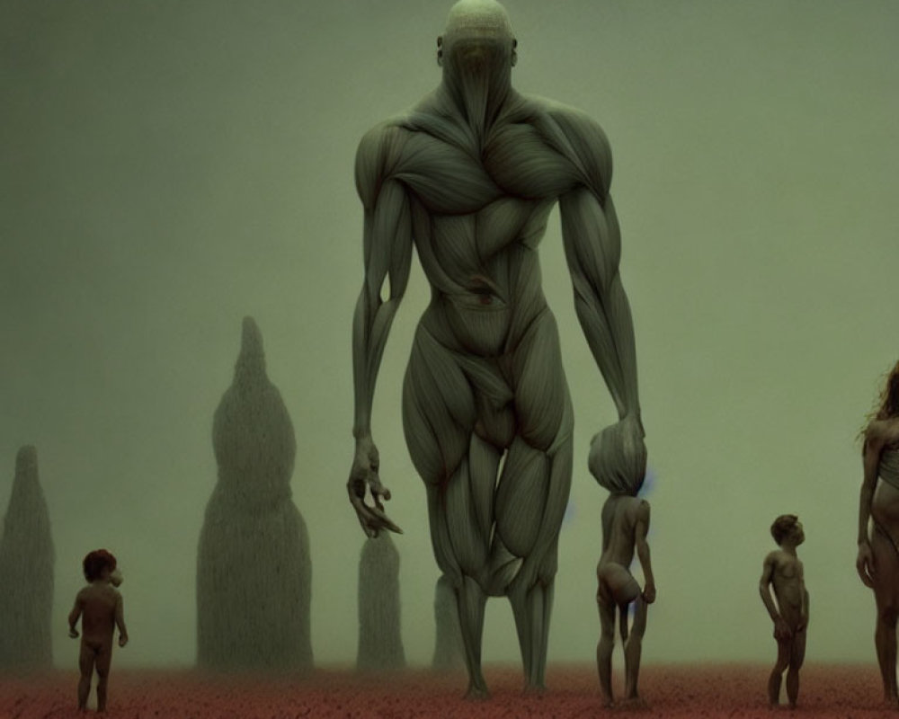 Gigantic muscular creature surrounded by smaller beings in a desolate landscape