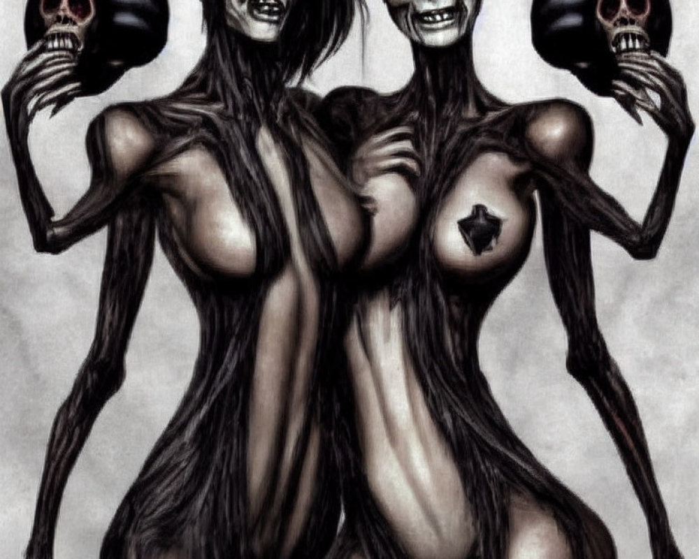 Gothic-style art: Three skeletal figures with exaggerated grins and skulls