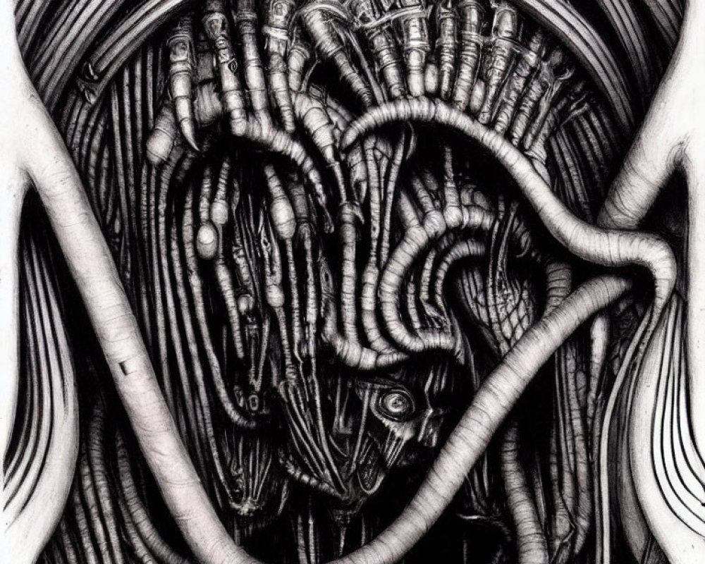 Monochromatic biomechanical drawing with alien aesthetic