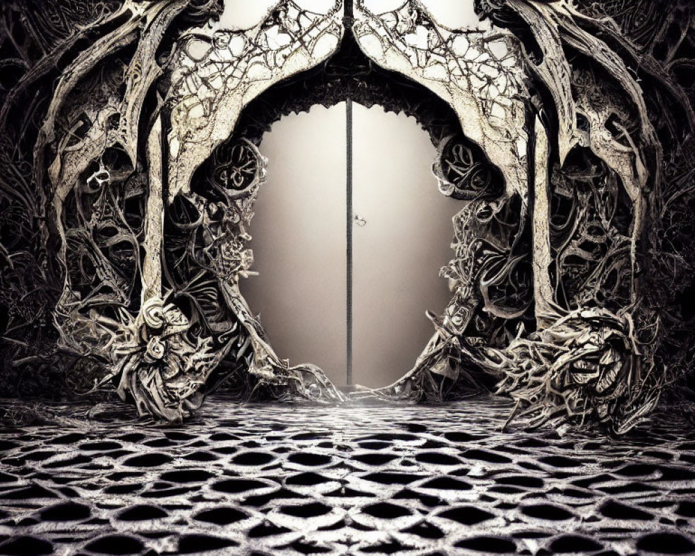 Intricate Gothic archway in foggy space with patterned floor