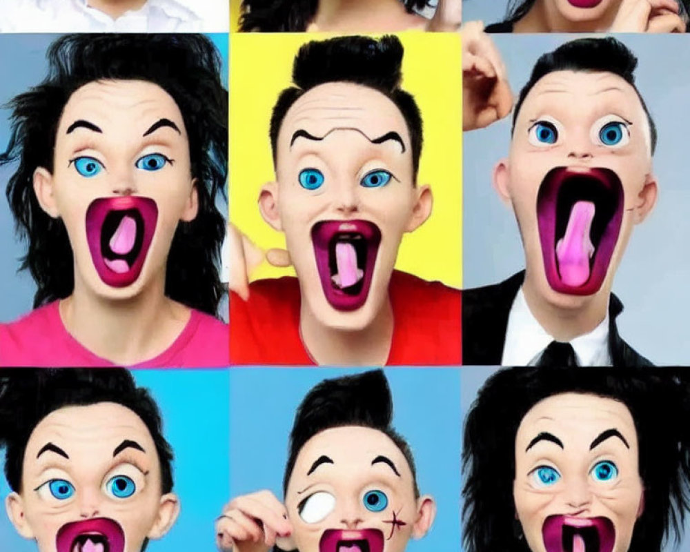 Colorful Cartoonish Faces with Exaggerated Expressions on Nine Panels