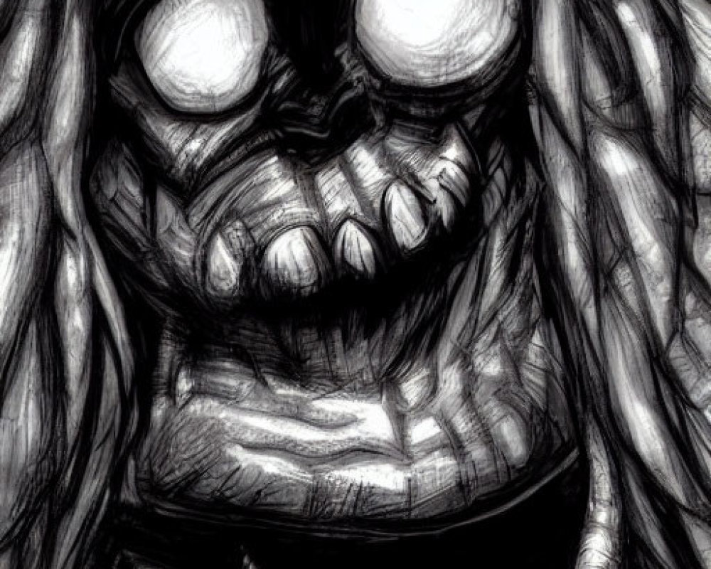 Monochromatic drawing of a grinning creature with multiple mouths and sharp teeth in a top hat.