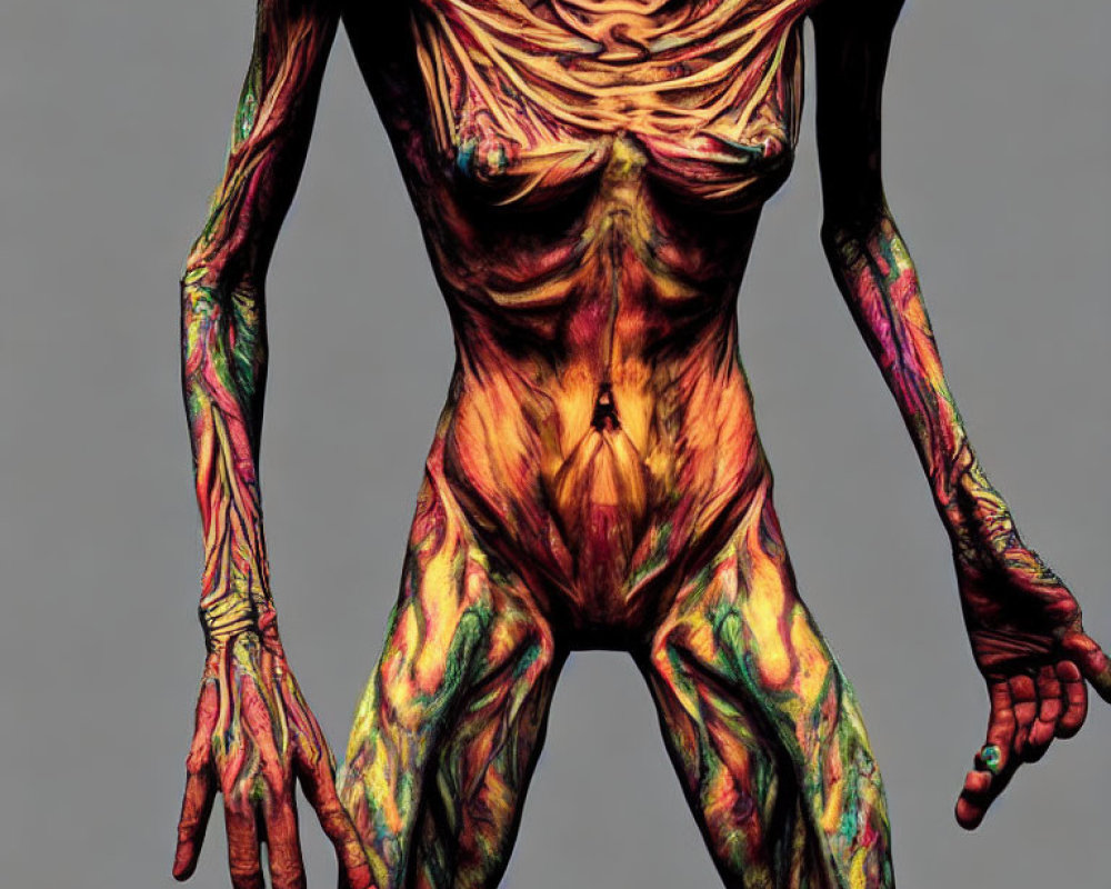 Vibrantly colored body paint mimics exposed anatomy with intricate designs