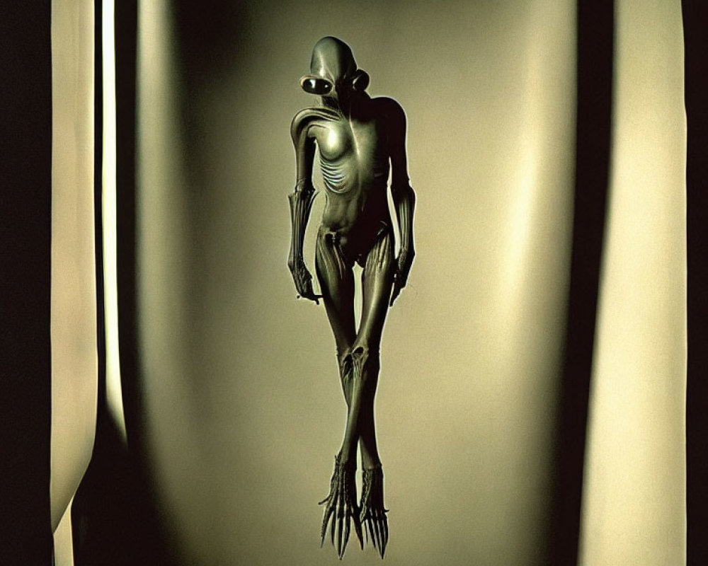 Metallic humanoid figure with elongated limbs and fingers standing between draped curtains.