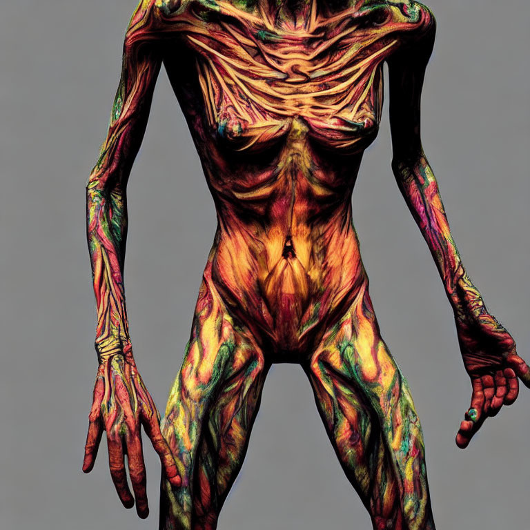 Vibrantly colored body paint mimics exposed anatomy with intricate designs