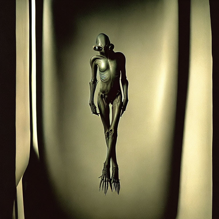 Metallic humanoid figure with elongated limbs and fingers standing between draped curtains.