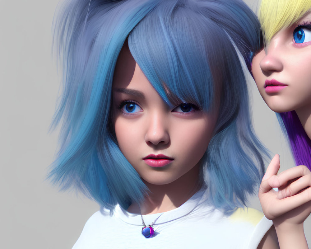 Two girls with colorful hair - one blue, one blonde - in animated image.