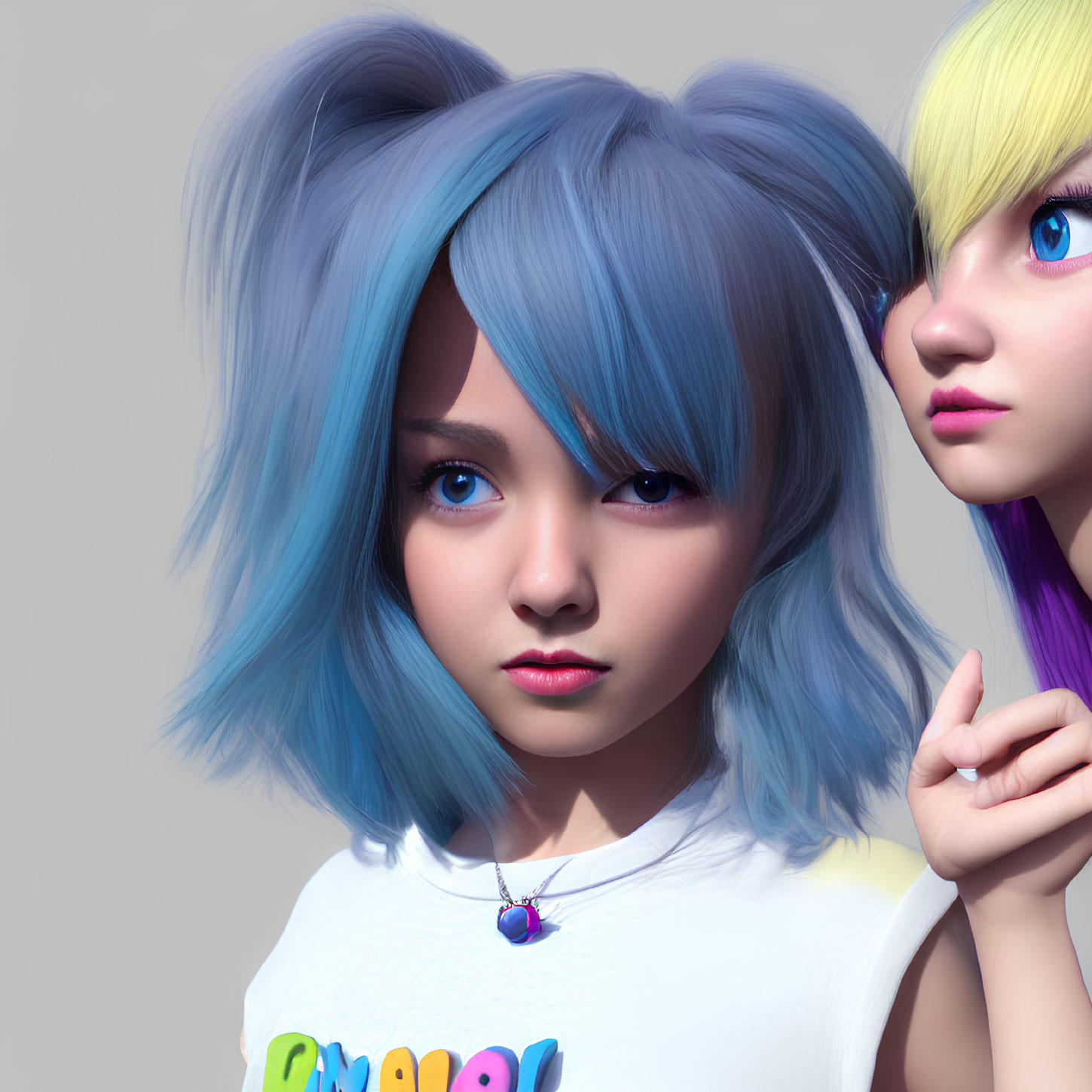 Two girls with colorful hair - one blue, one blonde - in animated image.
