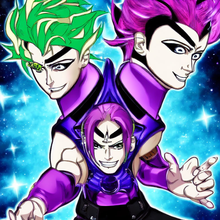 Colorful illustration: Three characters with green and purple hair in cosmic setting