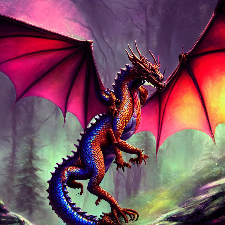 Majestic blue and purple dragon in mystical forest with red-tinged wings