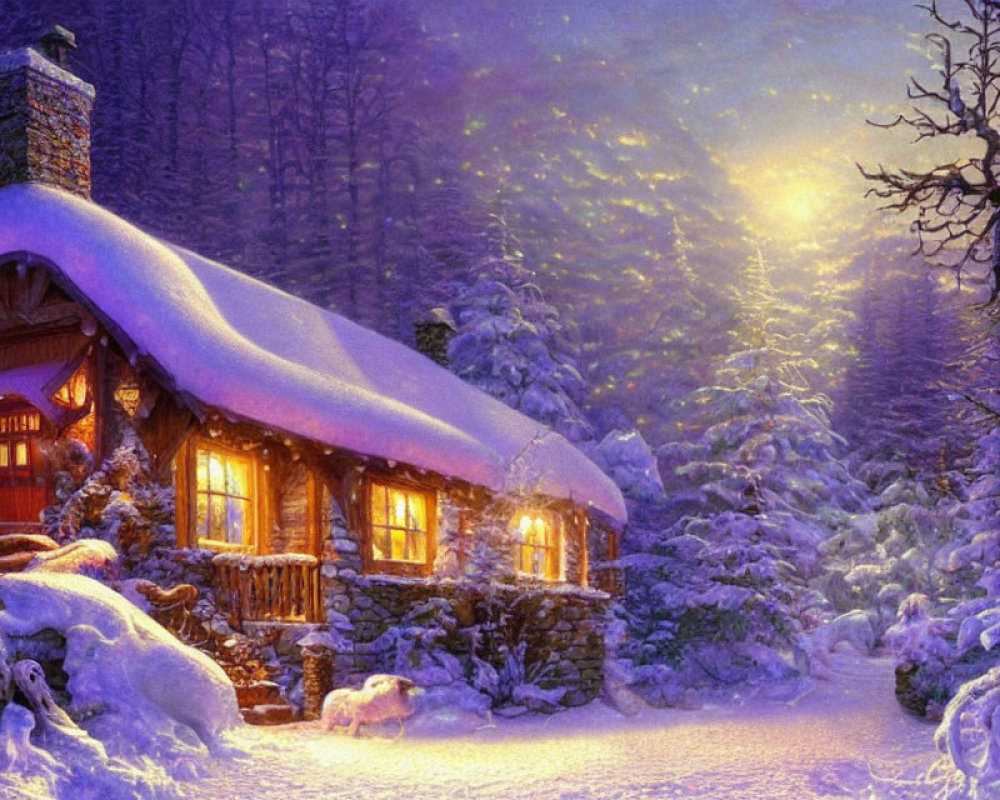 Snow-covered cabin in enchanted winter forest with warm glowing lights