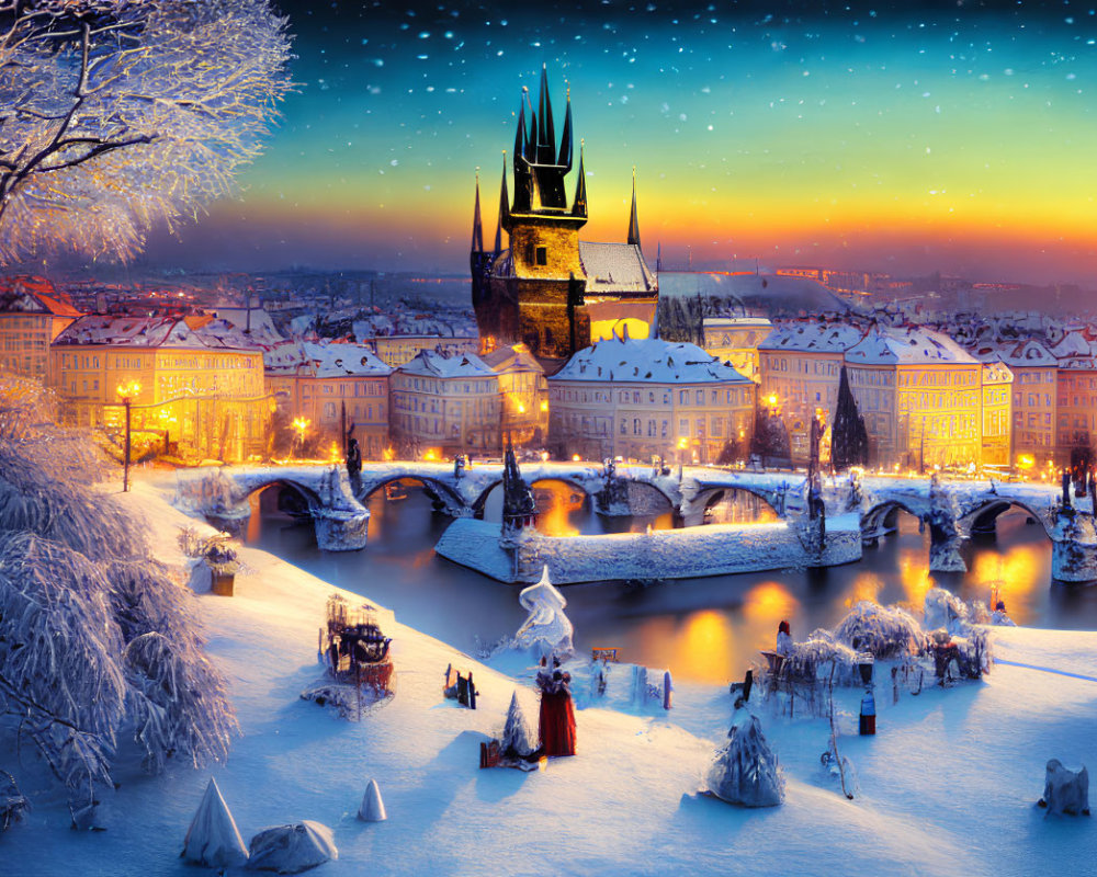 Twilight snow-covered cityscape with gothic church, bridge, river, and starry sky