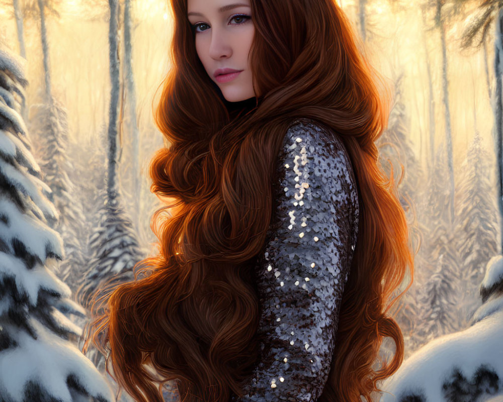 Regal woman with red hair, crown, silver dress in snowy forest