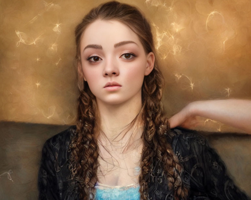 Young woman with braided hair in thoughtful pose against golden bokeh background