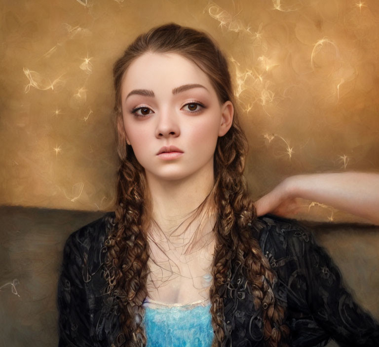 Young woman with braided hair in thoughtful pose against golden bokeh background