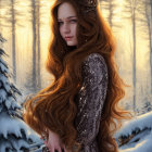 Regal woman with red hair, crown, silver dress in snowy forest