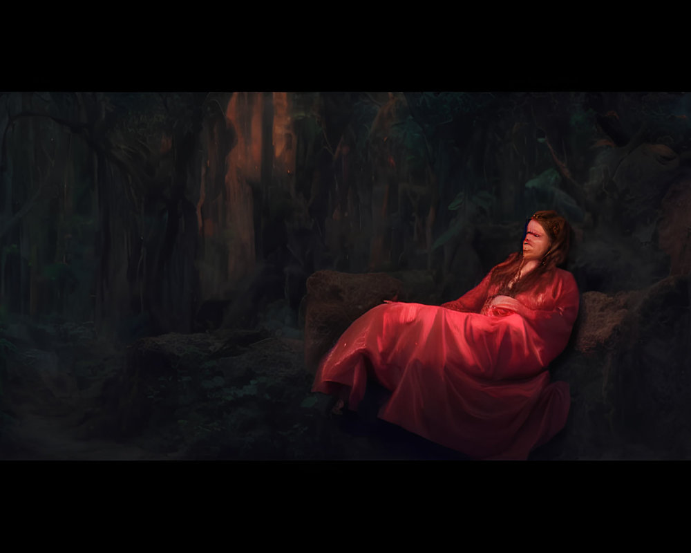 Woman in Red Dress Reclines in Mystical Forest