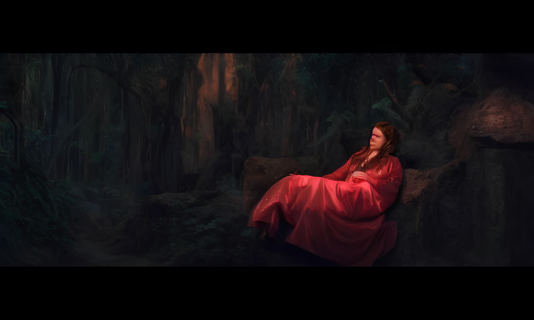 Woman in Red Dress Reclines in Mystical Forest