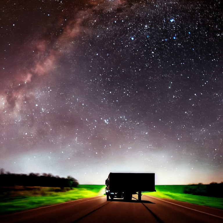 Truck on Highway Under Starry Night Sky with Milky Way and Green Glow