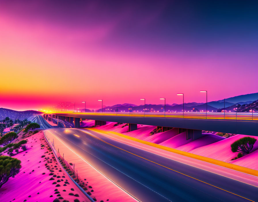 Dramatic sunset over multi-level highways with light trails and silhouetted hills
