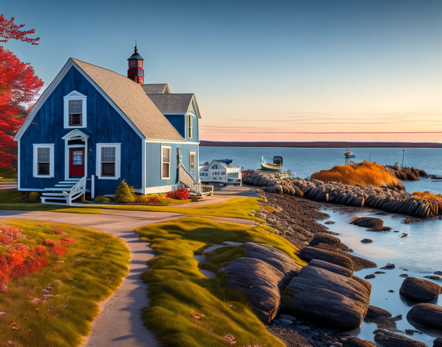Blue Cottage and Red Lighthouse on Rocky Coastline at Sunset