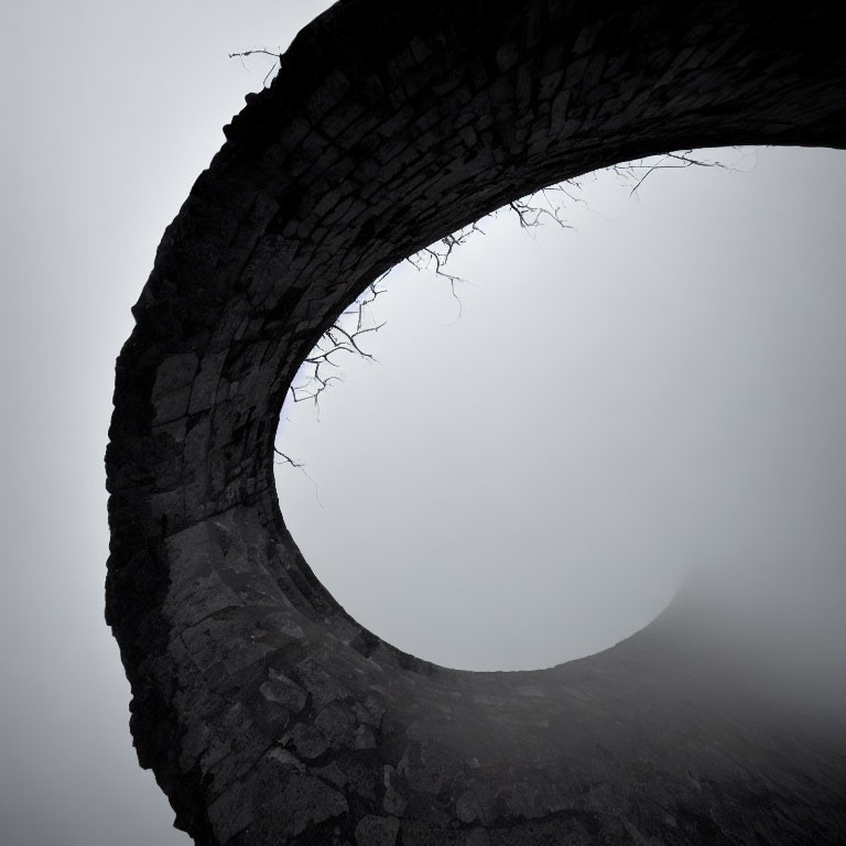 Stone arch with bare twigs in foggy backdrop: Mysterious and ethereal ambiance