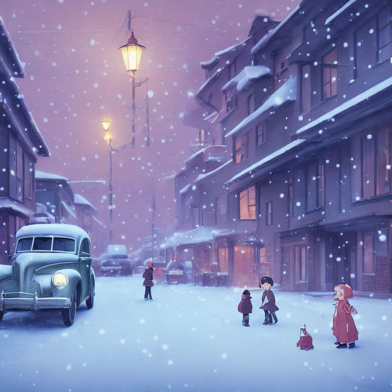 Vintage buildings, old car, street lamp, and people on snowy evening in quaint town