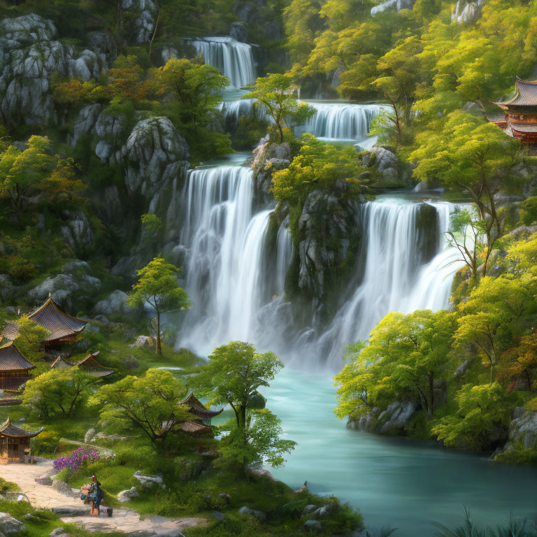 Tranquil waterfall flowing into turquoise river with Asian architecture and person on path