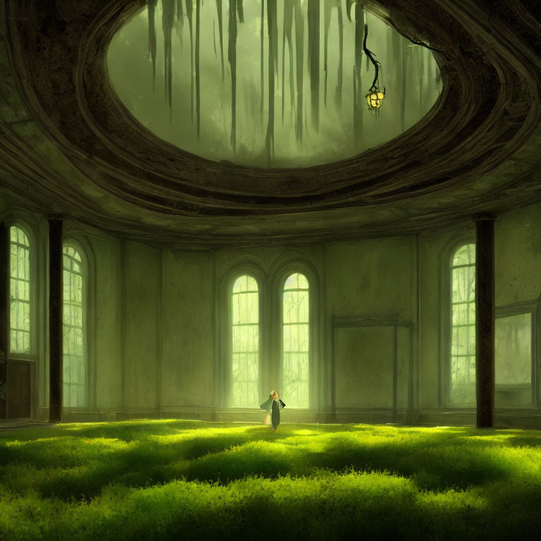 Abandoned circular room with overgrown nature and solitary figure