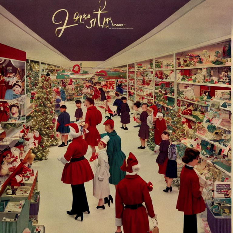 Vintage Christmas Shopping Scene with Festive Decorations & Attire