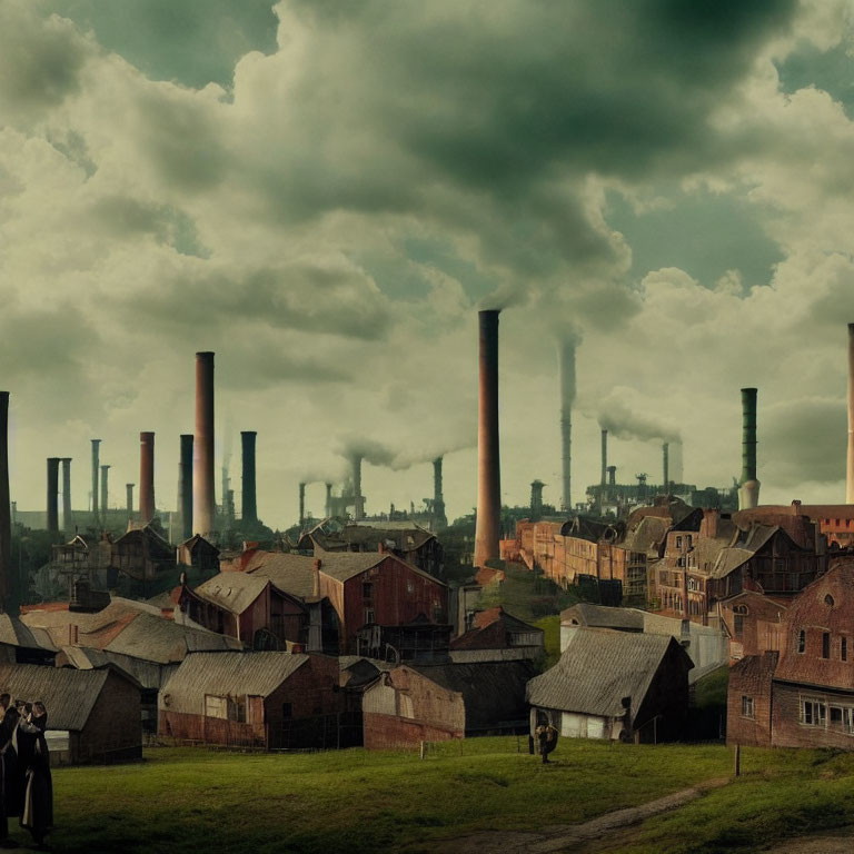 Industrial town with smokestacks, brick buildings, and cloudy sky with two individuals.