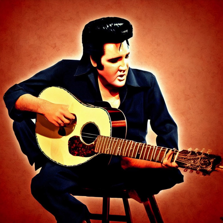 Man with Classic Pompadour Hairstyle Playing Acoustic Guitar in Dark Suit