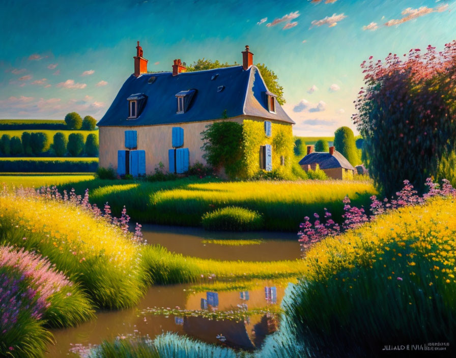 Traditional Country House Painting with Blue Shutters and Scenic Landscape