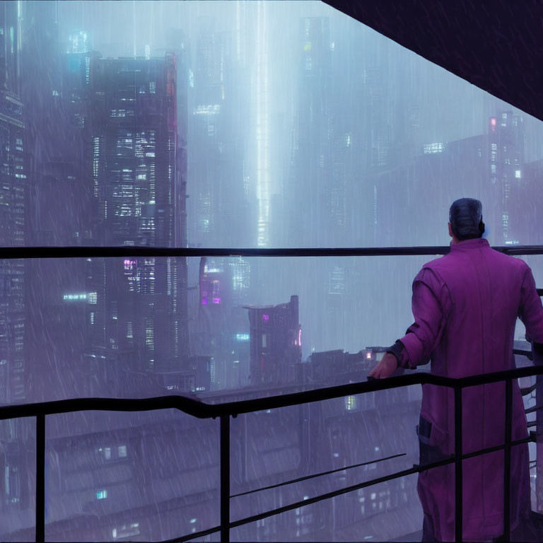 Person in Purple Coat Observing Futuristic Cityscape in Heavy Rain