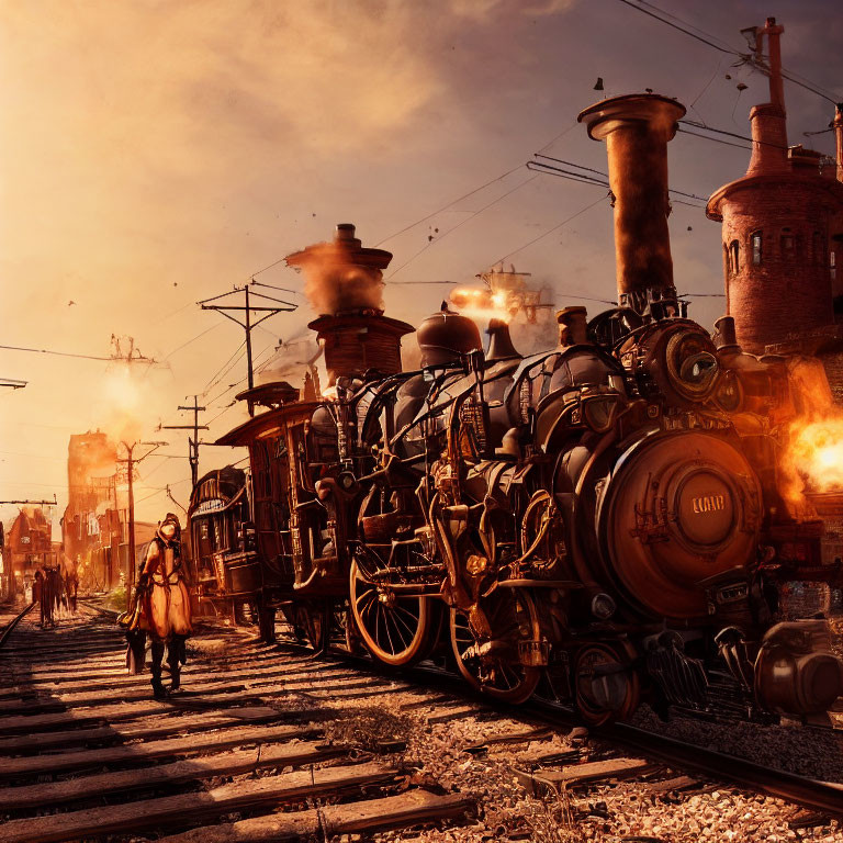 Steampunk scene with vintage trains, industrial buildings, and person at sunset