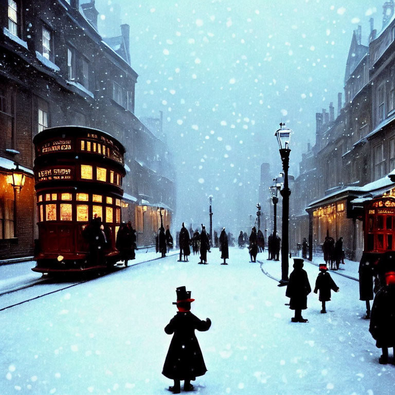 Snowy vintage street scene with red tram and pedestrians at twilight