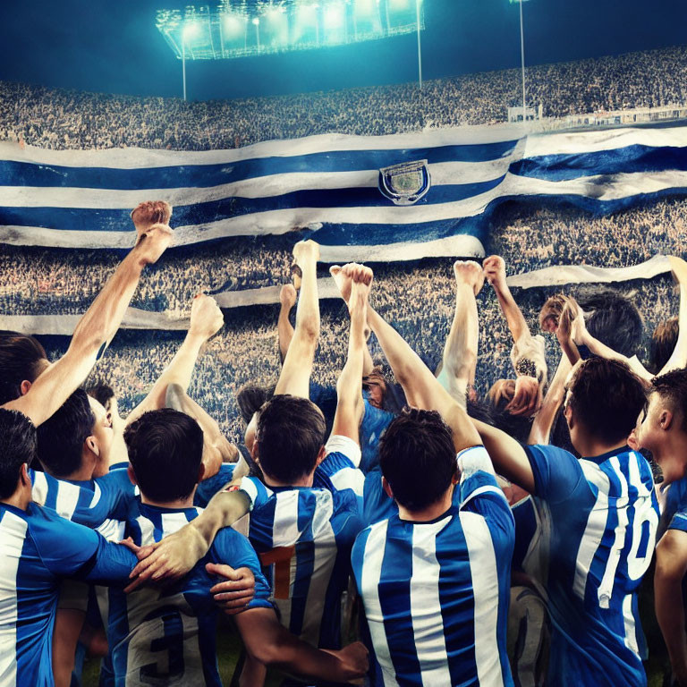 Soccer players in blue and white stripes celebrate victory on field with crowded stadium.