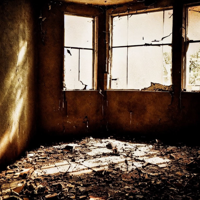 Decrepit room with broken windows and scattered debris