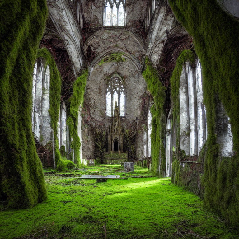 Abandoned church reclaimed by nature with moss-covered floors and vine-draped columns