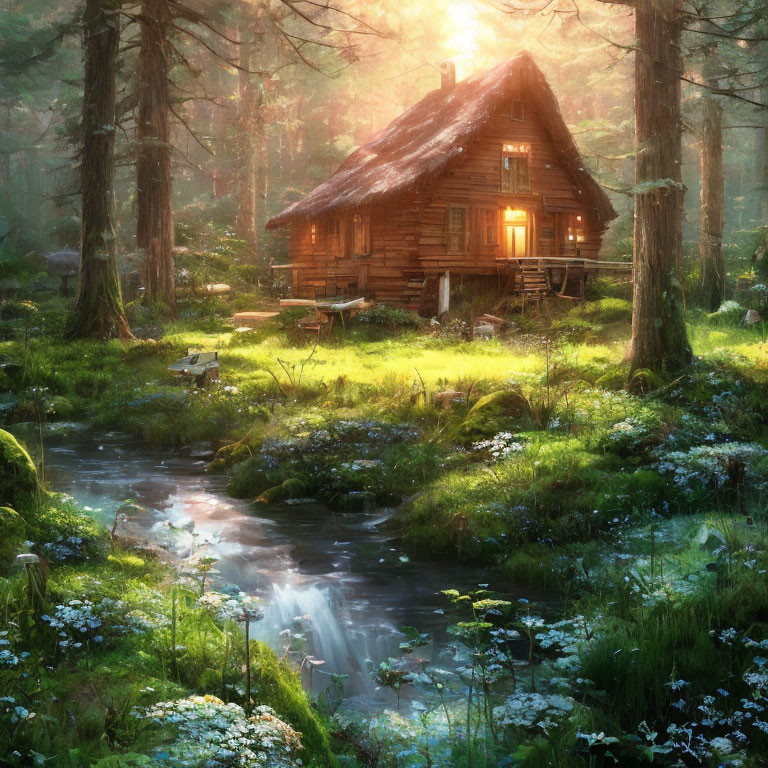 Cozy wooden cabin in lush forest by stream