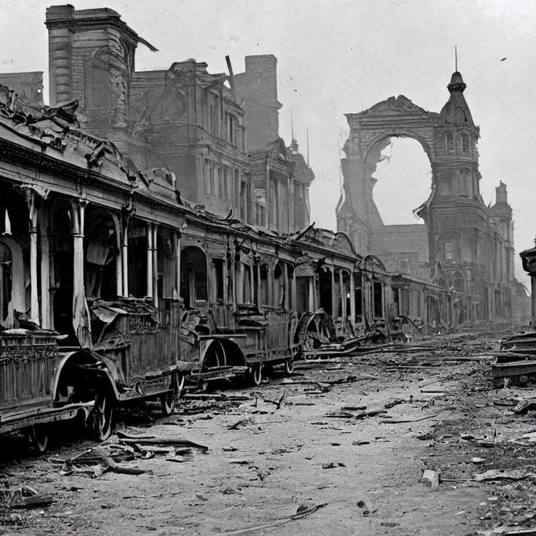 Monochrome image of burned train carriages on desolate track