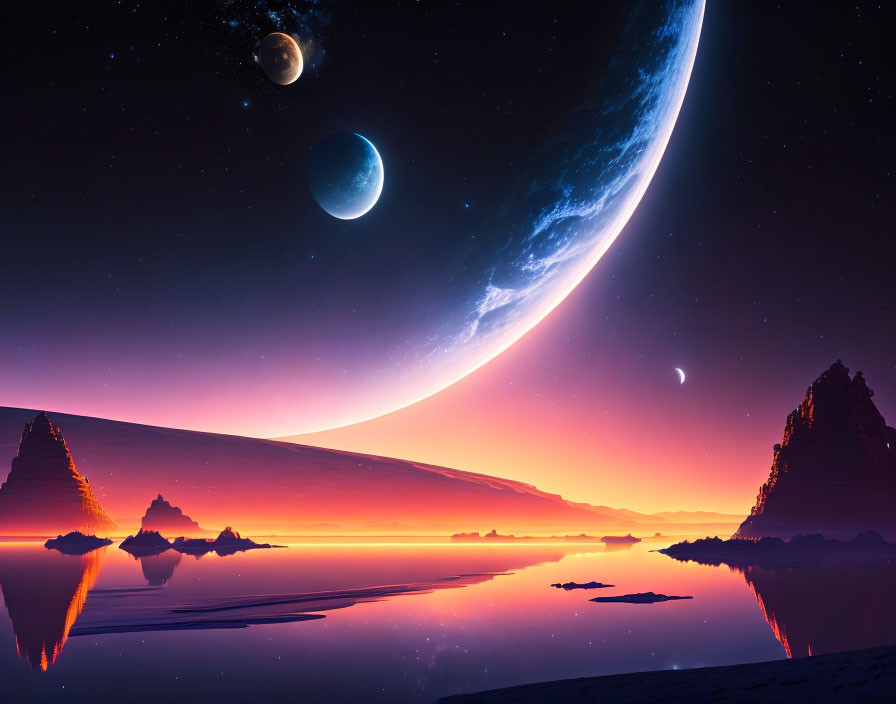 Surreal landscape with crescent planet, moon, sunset colors, lake, rocks