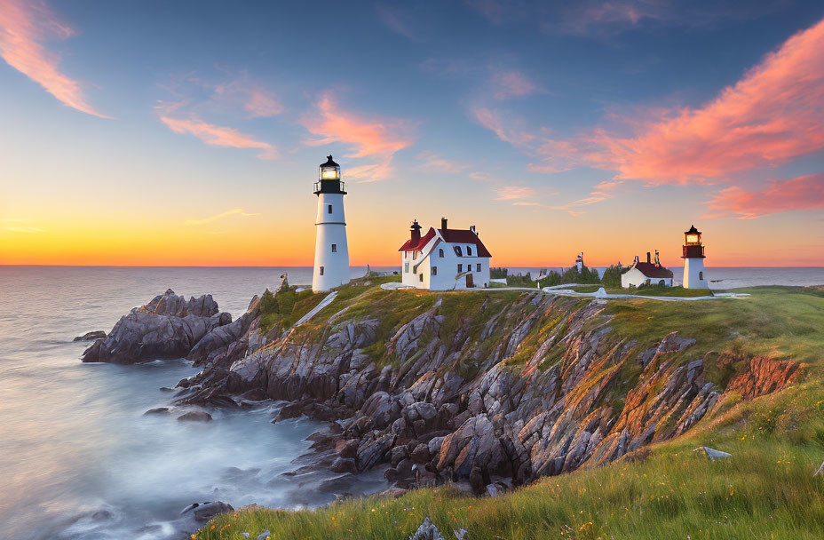 Tranquil sunset scene with white lighthouse on rocky cliff by calm sea