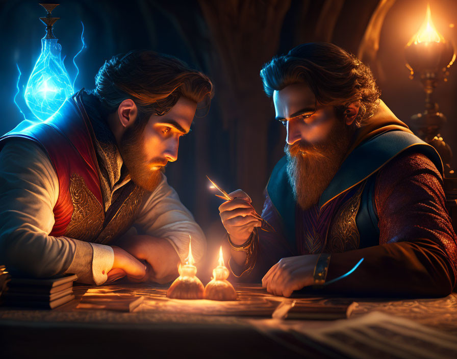 Animated wizards studying glowing object on desk with candles and blue flask emitting smoke