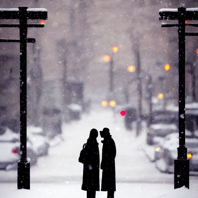 Couple standing on snowy street with glowing lampposts and falling snowflakes