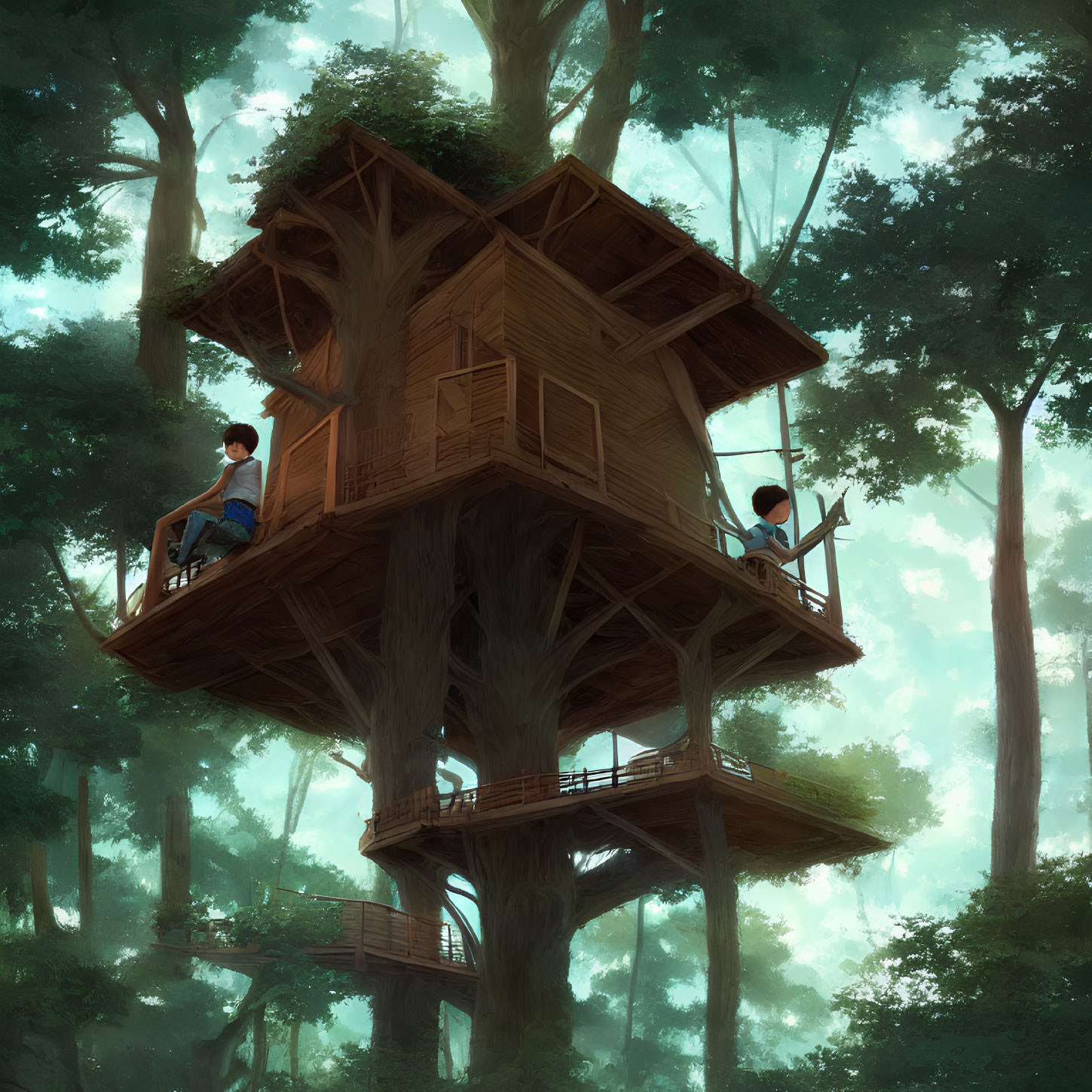 Illustration of a forest treehouse with two people on balconies