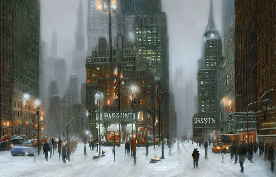 City street in winter with pedestrians, cars, street lamps, snow, and skyscrapers